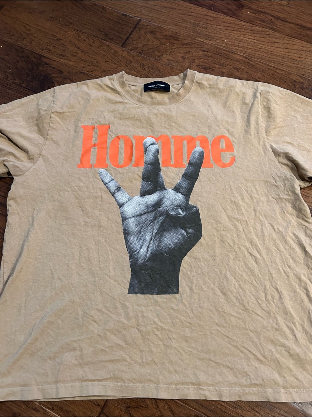 Homme +Femme Men’s Graphic Tee with Twisted Fingers in Tan